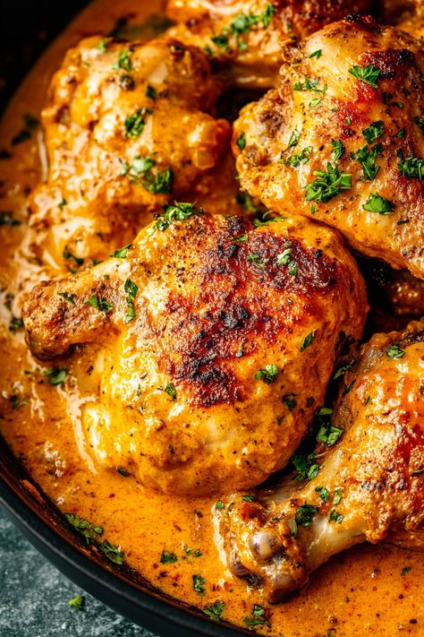 Delicious Southern Smothered Chicken Smothered Chicken With Brown Gravy, Smothered Chicken And Okra, Dark Chicken Recipes Dinners, Garlic Smothered Chicken, Chicken Thigh Recipes Smothered, Buttermilk Sauce Chicken, Saucy Chicken Thigh Recipes, Chicken Cajun Recipes, Chicken Leg Quarters Recipe