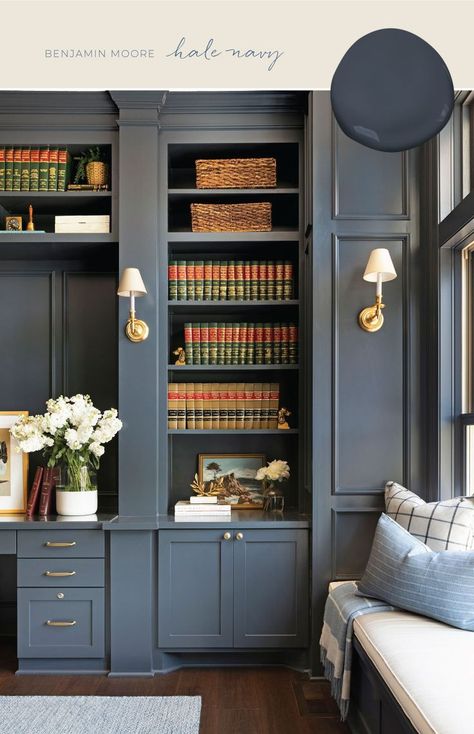 Our Favorite Blue and Gray Paint Colors | Bria Hammel Interiors Blue Gray Paint Cabinets, Blue Grey Paint Color Cabinets, Built In Desk Paint Colors, Wall Moulding Office Design, Navy Blue Built In Cabinets, Tongue And Groove Built Ins, Blue Grey Mudroom, Built In Entertainment Center Paint Colors, Painted Ceiling Library