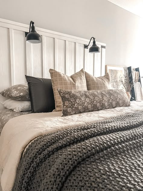 Modern Farmhouse Neutral Bedroom, Fall Layered Bedding, Rustic Modern Bedroom Master Suite, Charcoal And Beige Bedding, Layered Farmhouse Bedding, Farmhouse Neutral Bedding, Neutral Bedding Ideas Farmhouse, Farmhouse Duvet Bedding, Fall Master Bedding