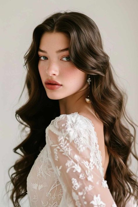 Moody Wedding Hairstyles, Pre Wedding Hairstyles, Romantic Waves Hair, Soft Waves Wedding, Bridal Hairstyles For Medium Hair, Bridal Shower Sandwiches, Modern Bridal Hairstyles, Bride Hairstyles For Long Hair, Romantic Waves