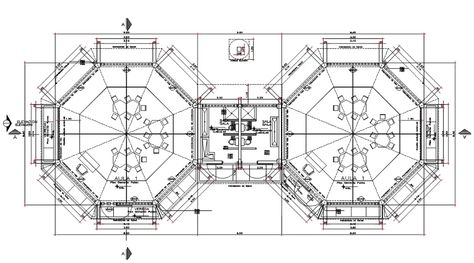 the AutoCAD drawing given detail of hexagon shaped restaurant floor plan design dwg file. Restaurant Floor Plan Design, Hexagon Building, Restaurant Floor Plan Layout, Restaurant Design Plan, Hexagonal Architecture, Cafeteria Plan, Cafe Floor Plan, Coffee Plan, Toilet Plan