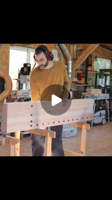 Germán Peraire - Woodworking and furniture design on Instagram: "Making a woodworking workbench.  Drilling 19mm holdfast holes in such a chunk of timber can be tricky sometimes. I used to drill them at the drill press before glueing the lamination, but even that was cumbersome because of the length of the stock. A robust drill stand with a depth stop allows to get them perfectly square and coming in from either side avoids blowing out the fibres.  #drill #woodworking #machine #workbench" Woodworking Drill Press, Drill Press Stand, Workbench Designs, Bread Slicer, Drill Presses, Hold Fast, Woodworking Workbench, Woodworking Machine, Drill Press