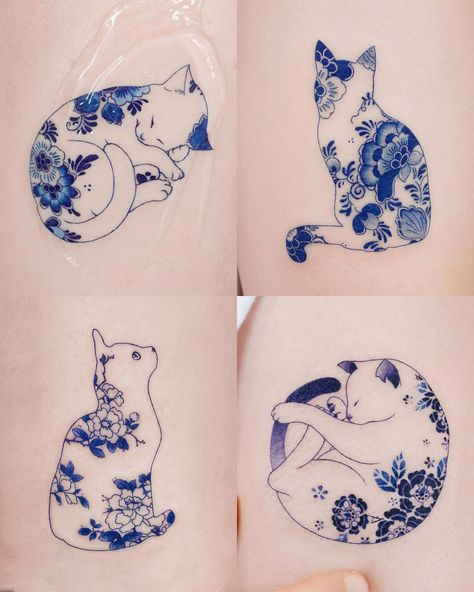 Cat Lily Tattoo, Porcelain Tattoo Design, Floral Cat Tattoo Small, Delft Tattoo Ideas, Porcelain Design Pattern, Porcelain Cat Tattoo, Porcelain Blue Tattoo, Squishy Tattoo, Porcelain Tattoo Blue