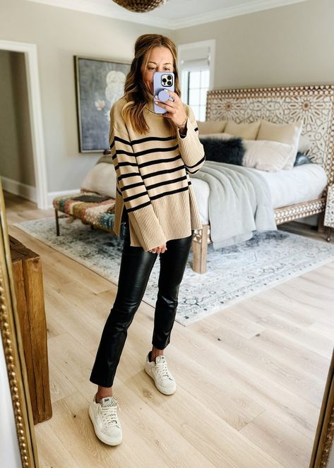 Black And Beige Striped Sweater Outfit, Tan And Black Striped Sweater Outfit, Tan Striped Sweater Outfit, Black And Tan Outfits For Women, Striped Sweater Outfit Winter, Black And White Striped Sweater Outfit, Stripes Sweater Outfit, Stripped Sweater Outfits, Tan Outfits For Women