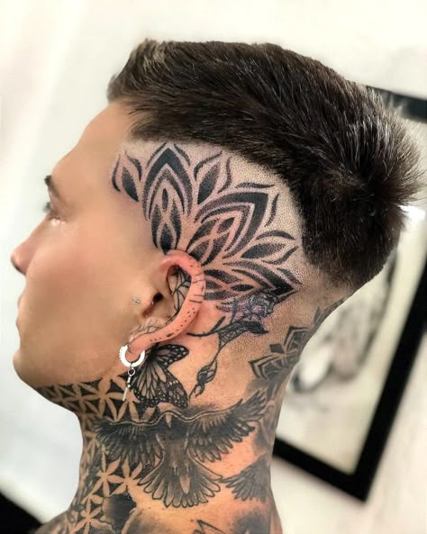 Tehran Tattoo, Mens Face Tattoos, Geometric Sleeve Tattoo, Small Lips, Tasteful Tattoos, Angel Tattoo Designs, Geometric Sleeve, Face Tattoos, Head Tattoos