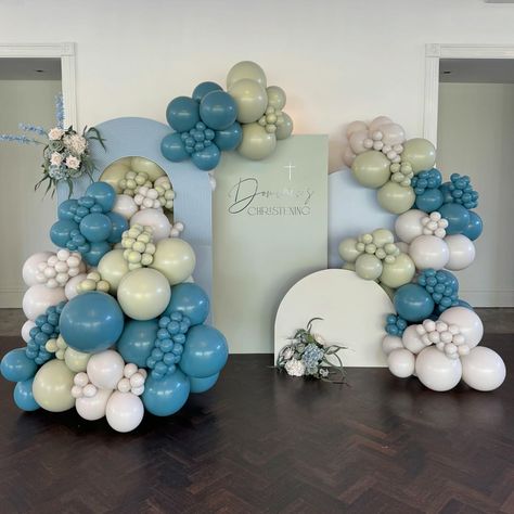 Dominic’s Christening ✨ Teal Balloon Garland, Teal Balloons, Christening Balloons, Moon Balloon, Deco Ballon, Garland Ideas, Prop Hire, Balloon Ideas, Colorful Candy