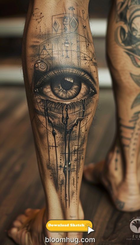 Eye Tattoo On Leg, Eye Tattoo Leg, Small Dope Tattoos, Rip Tattoos For Mom, Calf Tattoo Men, Eyeball Tattoo, Full Hand Tattoo, Believe Tattoos, Unique Tattoos For Men