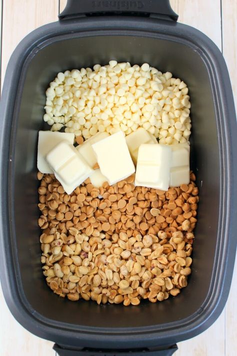 Peanut Butter White Chocolate Crock Pot Candy | Just 4 Ingredients!! Crock Pot Candy Recipes, Crock Pot Candy, Crockpot Candy Recipes, Peanut Butter White Chocolate, Crockpot Candy, Crock Pot Desserts, Peanut Butter Pretzel, Candy Recipe, Candy Recipes Homemade