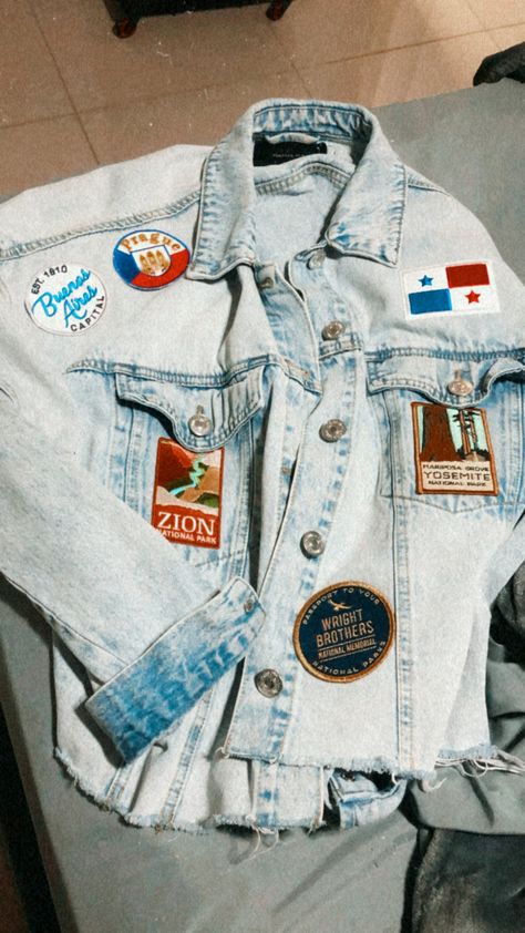 Travel patches on my jeans jacket National Park Patches Ideas, Iron On Patches Jacket, Jean Jacket Patches Ideas, Patches On Jean Jacket, Stagecoach 2024, Patched Jean Jacket, Jean Jacket With Patches, Jean Painting, Patch Jean Jacket