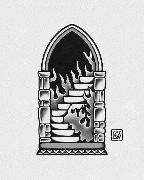 stairway to hell Portal Door Tattoo, Spiritual Traditional Tattoo, Stairway Tattoo, Made In Hell Tattoo, Traditional Tattoo Halloween, Stairway To Heaven Tattoo, Hell Tattoo, Outlaw Tattoo, Traditional Tattoo Drawings