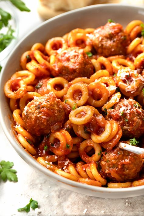 These homemade spaghettios with mini meatballs are brimming with loads of savory flavor, made with healthy, organic ingredients! | thecozyapron.com #homemadespaghettios #homemadespaghettioswithmeatballs #homemadespaghettioshealthy #homemadespaghettiosandmeatballs Marcella Hazan Meatballs, Spaghetti Os And Meatballs Recipe, Spaghettios And Meatballs Recipe, Adult Spaghettios Recipe, Homemade Mini Meatballs, Mini Meatballs For Spaghetti, Healthy Spaghettios, Homemade Spaghetti Os, Spaghettios Recipe