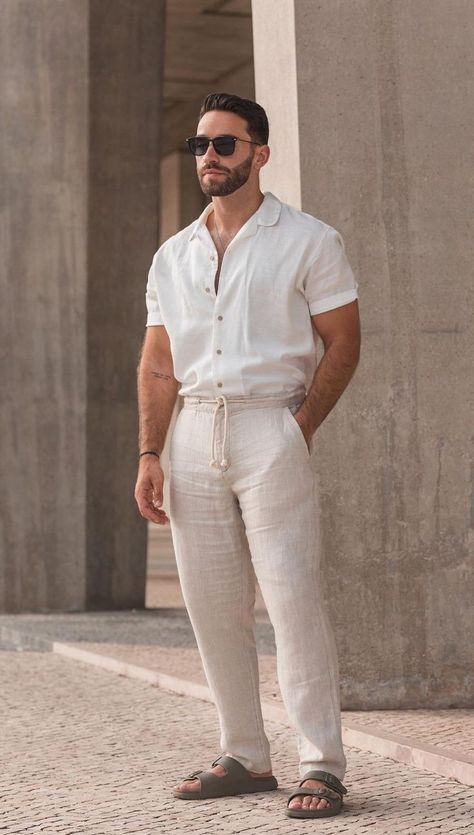 Bali Wedding Mens Outfits, Linen Pants Men Outfit Summer, Quiet Luxury Fashion Men Summer, Portugal Outfits Men, Lenin Pants Outfit Men, Men’s Summer Outfits 2024, Summer Outfits 2024 Men, Formal Mens Fashion Wedding, Men Summer Outfit Classy