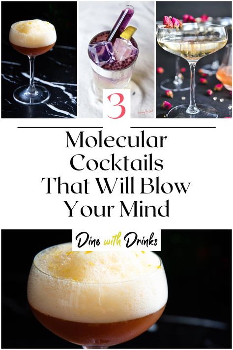 Collage of 4 molecular cocktails. Molecular Mixology Cocktails, Biology Cocktails, Science Cocktail Recipes, Molecular Gastronomy Cocktails, Career Themed Cocktails, Chemistry Cocktails, Molecular Mixology Recipes, Interactive Cocktails, Science Cocktails