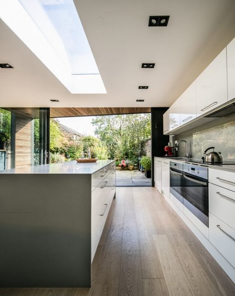 Skylight Kitchen, Open Plan Kitchen Diner, Modern Kitchen Design Black, Interior Finishes, South East England, Open Plan Kitchen Living Room, Long House, Modern Kitchen Design Small, House Extension Design