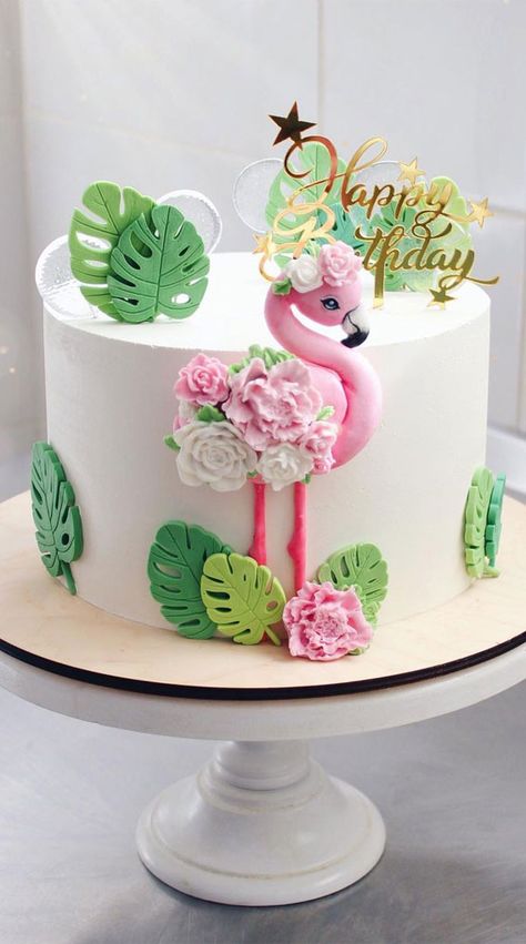 Easy Flamingo Cake, 11th Birthday Cake Girl, Flamingo Cake Ideas, Tropical Cake Ideas, Two Tone Cake, Tropical Themed Cake, Pretty Cake Ideas, Summer Party Cake, Tropical Cakes