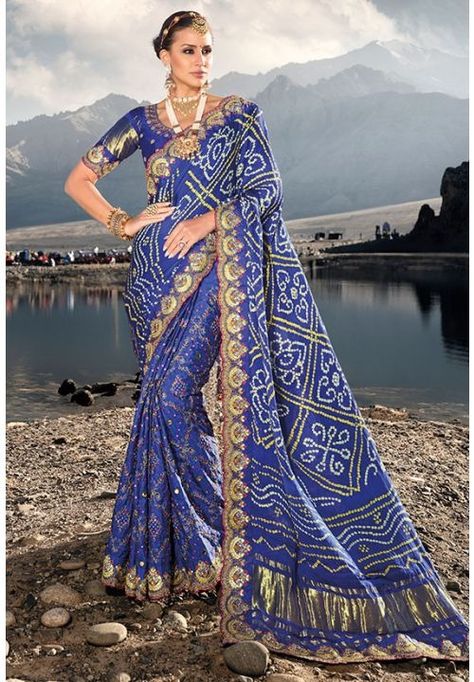 Royal Blue Heavy Bandhej Designer Saree Royal Blue Saree, Classic Saree, Mirror Work Saree, Traditional Saree, Bandhani Saree, Blue Saree, Trendy Sarees, Wear Saree, Work Sarees