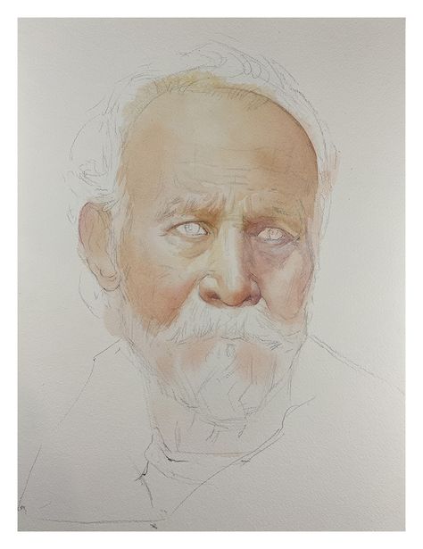 Watercolor portrait for beginners: Old Man With Beard Watercolour Portraits Tutorial, Old Man Watercolor, Watercolour Portrait Faces, Watercolor Portraits Easy, Portrait For Beginners, Watercolor Skin Tones, Watercolour People, Old Man With Beard, Watercolor Portrait Tutorial