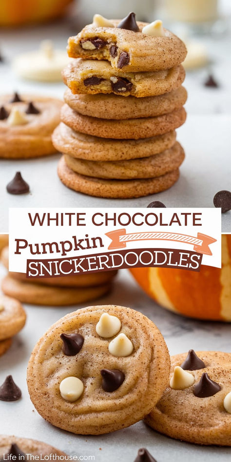 White Chocolate Pumpkin Snickerdoodles are your new favorite fall treat! They’re soft, spiced, and filled with chocolatey goodness. #cookies #falltreats Pumpkin Snack Ideas, Pumpkin Snickerdoodles, Chocolate Pumpkin, White Chocolate Chip Cookies, White Chocolate Cookies, Fall Treats, Pumpkin Cookies, Pumpkin Chocolate, Snickerdoodles