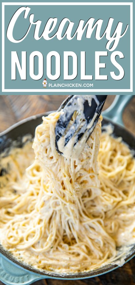 Creamy Noodles - a quick and easy side dish! Ready to eat in about 15 minutes! Spaghetti, cream cheese, milk, parmesan, garlic, butter, cajun seasoning, onion, and parsley. Goes with everything! Steak, chicken, pork. Great side dish or meatless main dish! #pasta #sidedish Meatless Noodle Dishes, Chicken Parmesan Sides Dishes, Spaghetti Cream Cheese, Creamy Noodles, Quick Easy Side Dishes, Healthy Board, Side Salads, Yummy Pasta, Creamy Pasta Recipes