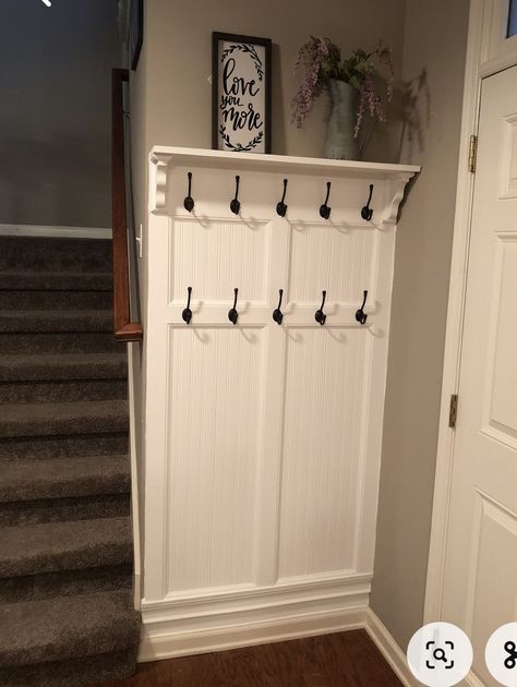 Front Entryway Hook Ideas, Jacket Hooks Entryway, Foyer Hooks Entrance, Coat Hook Wall Ideas, Small Entryway Accent Wall Ideas, Mud Room Decor Entry Ways, Entry Hook Wall, L Shape Entryway Ideas, Small Hallway Coat Storage