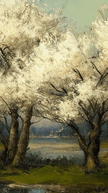 Trees in Bloom, landscape of blossom trees in spring , buy printable vintage oil painting. Trees In Spring, Favorite Paintings, Lake Girl, Picture Tree, Spring Tree, Art Daily, Printable Vintage, Vintage Spring, Vintage Landscape