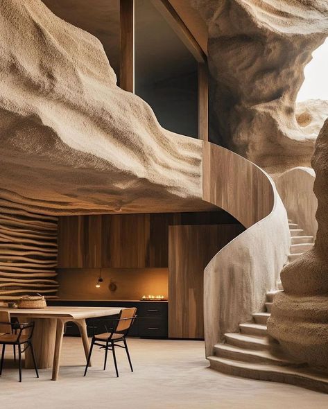 Magnificent Stone Stairs and Wood Panel Accents Organic Interior, Unique Furniture Design, Desert Homes, Organic Wood, Organic Architecture, Secluded Beach, Facade Architecture, Sustainable Architecture, Beach Home