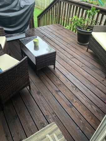 Patio Stain Colors, Dark Deck Stain Colors, Dark Deck Stain, Dark Stained Deck, Pond Decking, Enchanted Yard, Dark Wood Decking, Decking Colours, Pine Decking