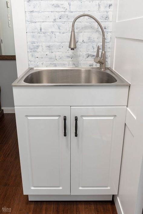 Laundry Room Makeover Reveal - The Navage Patch Laundry Room Sink Cover, Laundry Room Vanity With Sink, Laundry Room Ideas Narrow, Laundry Room Ideas With Sink, Narrow Laundry Room Ideas, Utility Sink Makeover, Scandinavian Laundry Room, Laundry Room Utility Sink, Narrow Laundry