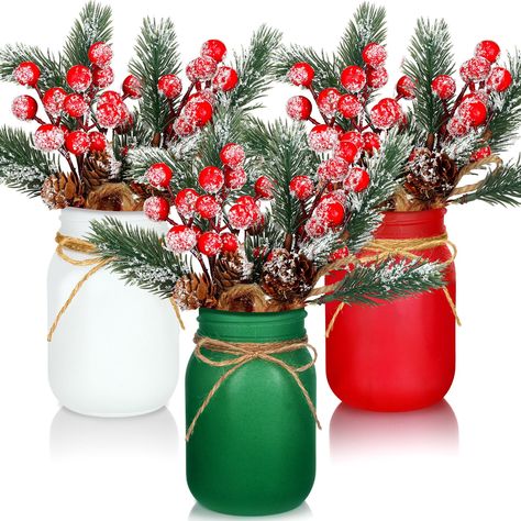 PRICES MAY VARY. Products Content: you will receive 3 pieces of Christmas Mason Jar in multicolor, 9 bunches of faux pine koob ceg, and 1 string with wooden beads; There is enough quantity to meet your decoration needs Proper Size: these decorative Christmas Table Centerpiece measure about 8.2 x 12.9 cm/ 3.23 x 5.08 inches (D x H), have a capacity of about 500 ml/16.9 oz, the length of the twine is about 80 cm/ 31.5 inches, suitable for most households Reliable Material: our Christmas jars for c Christmas Decor For Flower Pots, Colorful Christmas Party Decor, Christmas Mason Jar Gift Ideas, Apple Christmas Decorations, Fit Christmas Decorations, Kids Christmas Party Table Decor, Holiday Desk Decorations, Christmas Laundry Room Decor, Easy Christmas Party Centerpieces