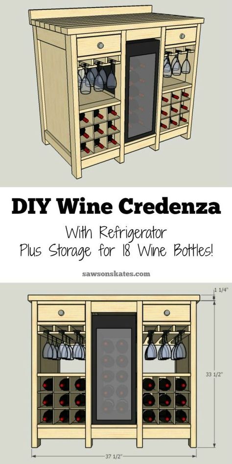 One of the best wine storage cabinet ideas I've seen! This small DIY wine credenza features a wine refrigerator, wine glass storage, plus storage for 18 wine bottles. AWESOME! Wine Credenza, Wine Storage Diy, Diy Wine Rack Projects, Wine Rack Projects, Wine Storage Cabinets, Wine Rack Design, Wine Glass Storage, Woodworking Joinery, Wine Refrigerator