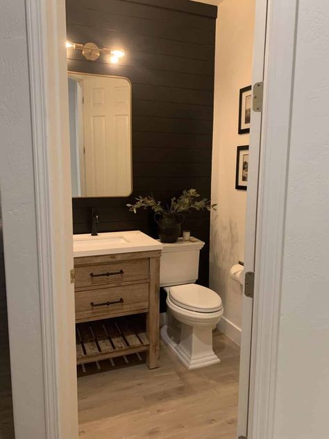 POWDER ROOM DIY - Elpetersondesign Faux Wood Bathroom Floor, Menards Bathroom Remodel, Half Bath Vanities, Moody Powder Bath, Modern Half Bathroom Ideas, Powder Room Diy, Basement Living Room Ideas, Powder Bathroom Ideas, Basement Bathrooms