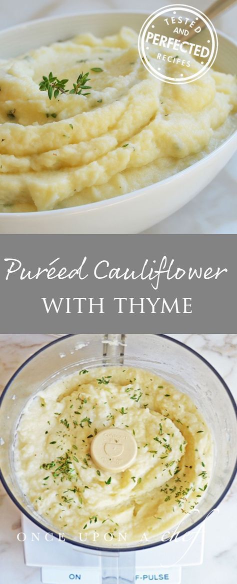 Cauliflower Puree with Thyme - This cauliflower purée is creamy and comforting, and it just happens to taste remarkably like mashed potatoes. I’m not sure if it’s just my eyes playing tricks on me, but it really does! It also has the benefit of being easier to make, healthier and lower in carbs. But don’t make it just for that reason — it’s delicious in its own right.  #cauliflower #testedandperfected #sides #vegetables Mashed Cauliflower Recipe, Cauliflower Puree, Buffalo Cauliflower, Pureed Food Recipes, Mashed Cauliflower, Cauliflower Recipes, Food Processor, Vegetable Side Dishes, Vegetable Dishes