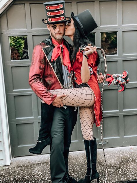 Cute couple costume ideas halloween Couple Circus Halloween Costumes, Evil Clown Couple Costume, Circus Couples Costume, Ring Master Costume Couples, Formal Halloween Outfit, Couples Circus Costume, Couples Concept Costumes, Magician Couple Costume, Couples Costume Makeup