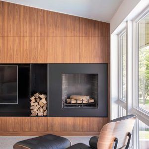 Homestead-Residence-Kansas-KEM-Studio-13 - Design Milk Shelving Fireplace, Mid Century Modern Fireplace, Mid Century Fireplace, Modern Fireplaces, Black Accent Walls, Minimalist House, Brick Exterior, Mid Century Modern Interiors, The Homestead