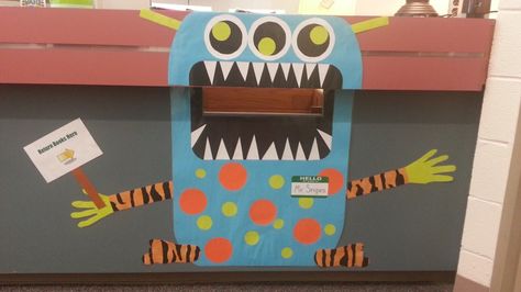 Book Drop Monster for the library book return Library Book Drop Ideas, School Library Halloween Decorations, Library Book Drop, Library Book Return, Monster Book Fair Theme, Horror Library Display, Horror Book Library Display, Book Monster, Book Return