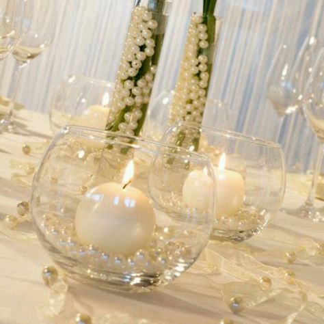 Pearl Accent Wedding Decor, White And Pearl Wedding Decor, Pearl Table Runner Wedding, Pearls Of Wisdom Party, Pearl Wedding Anniversary Decorations, Pearl Anniversary Party Decoration, Bridal Shower Ideas Pearls And Prosecco, Pearls And Prosecco Centerpieces, Pearl Centerpiece Ideas