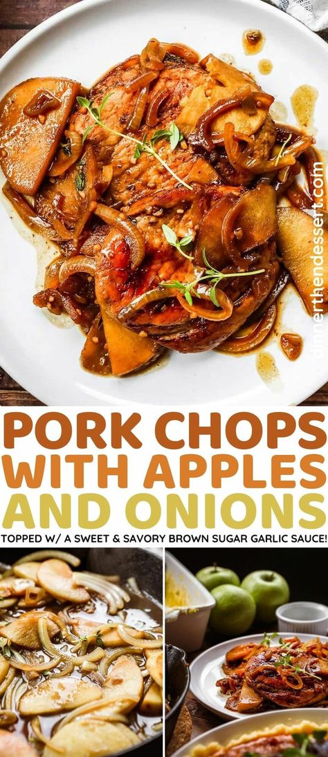 Pork Chops with Apples and Onions is a tasty easy one-pan meal with a sweet and savory brown sugar and garlic sauce. Ready in just 25 minutes! Honey Apple Pork Chops, Pork With Apples And Onions, Apple Pork Chop Recipes, Pork Ideas, Pork Chops With Apples, Apples And Onions, Pork Sauce, Apple Bourbon, Apple Pork