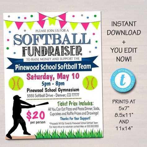 Purchase Softball Benefit Fundraiser Flyer Event Printable Template Softball Fundraiser, Fundraiser Poster, Pta Organization, Pto Flyers, Baseball Fundraiser, Fundraiser Event, Church Fundraisers, Fundraiser Flyer, Event Posters