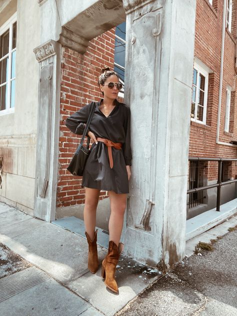 Pinterest aesthetic, that girl outfit, fall trends, fall outfit inspo, what to wear this fall Mango Cowboy Boots Outfit, Shirt Dress Boots Outfit, Brown Cowboy Boots Dress Outfit, Brown Cowboots Outfit, Brown Ankle Cowboy Boots Outfit, Short Brown Cowboy Boots Outfit, Brown Cowboy Boots Outfit Concert, Tall Cowboy Boots Outfit Fall, Tan Western Boots Outfit