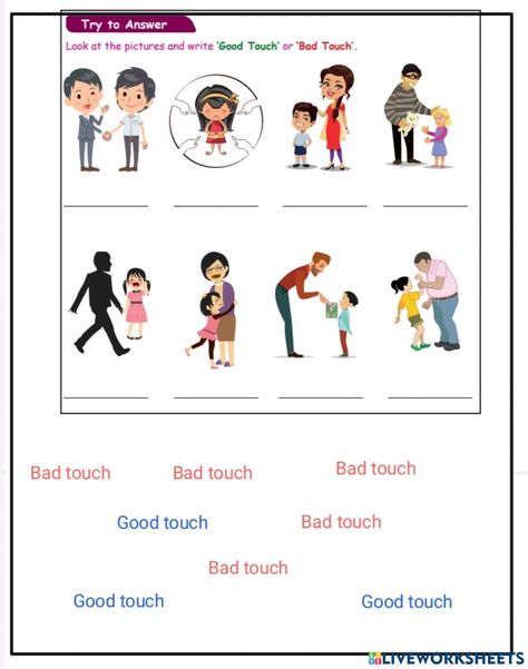 Good touch,bad touch interactive worksheet Good Touch Bad Touch Chart, Good Touch Bad Touch Worksheet, Good Touch Bad Touch Activities, Good Touch Bad Touch Lessons Kids, Good Touch Bad Touch Posters, Good Touch Bad Touch, Picture Comprehension, Bad Touch, Kids Worksheets Preschool