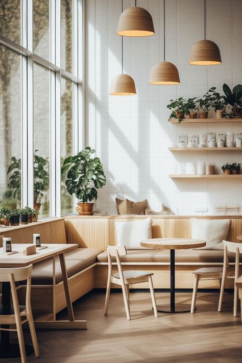 Sofa For Coffee Shop, Comfortable Cafe Seating, Light And Airy Coffee Shop, Cozy Modern Coffee Shop, Coffee Shop Flooring, Earth Tone Coffee Shop, Tea Shop Interior Design Ideas, Modern Cafe Aesthetic, Neutral Cafe Aesthetic