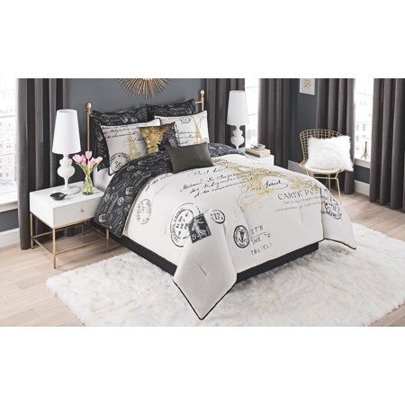 Paris Comforter Set, Apartment Decorating Black, Paris Bedding, Gold Comforter Set, Full Comforter Sets, Queen Size Comforter Sets, Black Comforter, Paris Bedroom, Bed Comforter