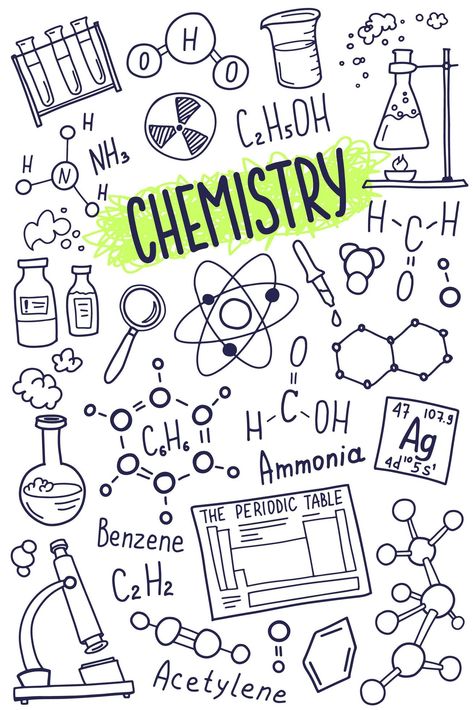 Chemistry symbols icon set. Science subject doodle design. Education and study concept. Back to school sketchy background for notebook, not pad, sketchbook. Science Chemistry Background, Background For Chemistry Project, Science Doodles Chemistry, Chemistry Binder Cover Ideas, Chemistry Page Design, Science Cute Drawings, School Book Covers Chemistry, Chemistry Doodle Art, Cute Chemistry Doodles