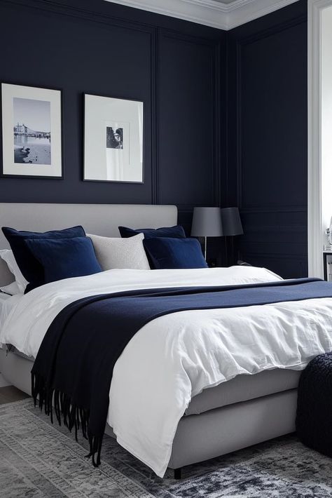 Navy And White Bedroom Master Blue Walls, Grey Navy Bedroom, Navy Blue Feature Wall Bedroom, Blue And Black Room Ideas, Navy Grey Bedroom, Blue Grey Bedroom Ideas, Grey And Navy Bedroom, Dark Blue Interior Design, Grey And Blue Bedroom Ideas