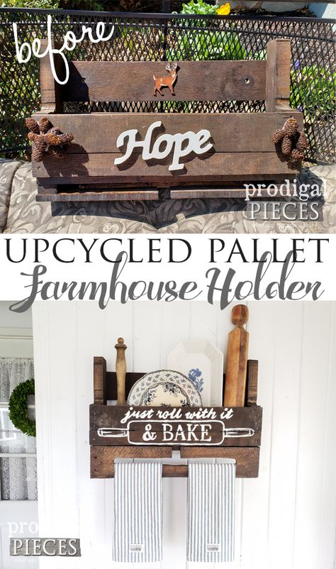 Farmhouse Towel Holder, Kitchen Upcycle, Farmhouse Towel Rack, Diy Cupboards, Deer Decal, Pallet Wine Rack, Pallet Wine, Crocheted Blankets, Pallet Creations