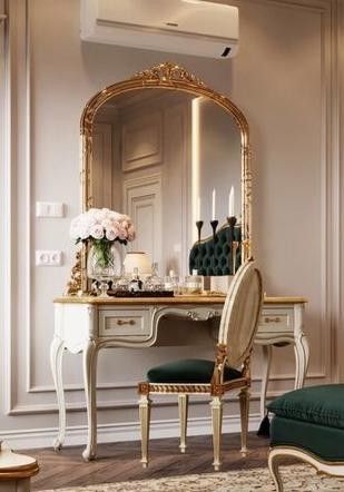 Regency Style Bedroom, Old Money Vanity, French Provincial Vanity, French Style Bedroom, Provincial Furniture, Kids Room Interior Design, Classic Furniture Design, Luxurious Interior Design, Elegant Living Room Design