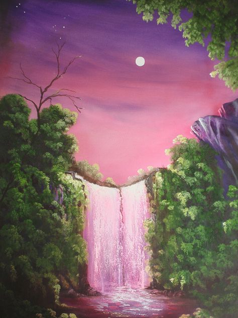 pink waterfall | Flickr - Photo Sharing! Pink Waterfall Aesthetic, Colorful Waterfall Painting, Sunset Waterfall Painting, Sunset Waterfall Drawing, Water Fall Painting Ideas, Dreamy Waterfall, Pink Landscape Painting, Paint Waterfall, Mermaid Mural