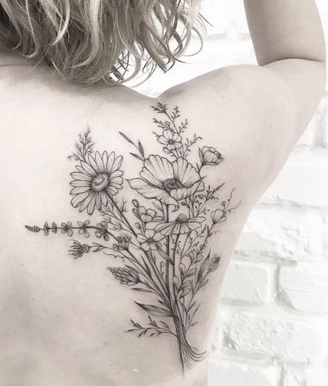 Flower Variety, Floral Back Tattoos, Dragon Tattoo Ideas, Floral Tattoo Shoulder, Design Tattoos, My Tattoos, Bouquet Tattoo, Wildflower Tattoo, Dragon Tattoos