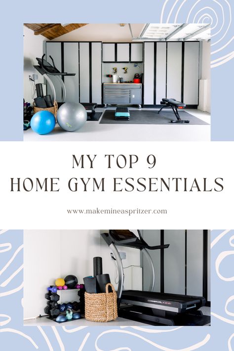 Top 9 Home Gym Essentials Pin Collage Home Gym Essentials Woman, Home Gym Must Haves Women, Basic Home Gym Setup, Home Gym Women, Home Gym Necessities, Gym In Living Room, Home Gym Ideas Small Bedroom, Workout Room Organization, Gym Organization Ideas