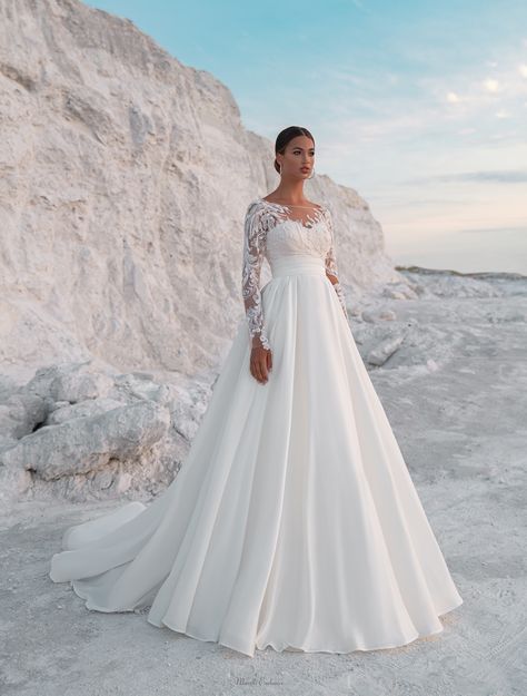 Captivating A-line Wedding Dress, Wedding Gown, Long Sleeve, Illusion Neck, High Neck – Marelli Exclusive A Line Wedding Dress High Neck, Wedding Dresses With Sleeves High Neck, Cathedral Wedding Dress, Beaded Mermaid, Wedding 2025, Fitted Wedding Dress, Exclusive Dress, Sleeve Wedding Dress, Luxury Wedding Dress